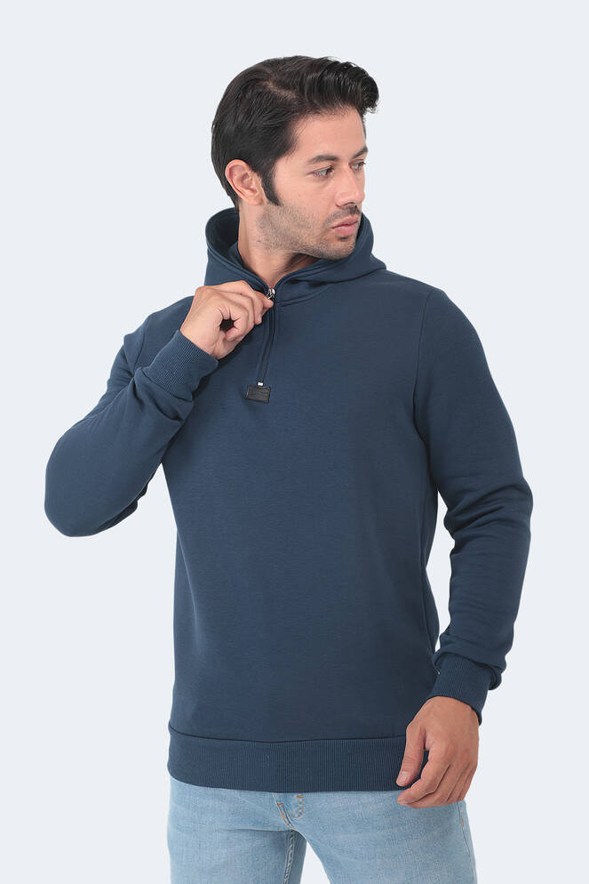 Slazenger BAHA IN Erkek Kapüşonlu Fermuarlı Slim Fit Indigo Sweatshırt