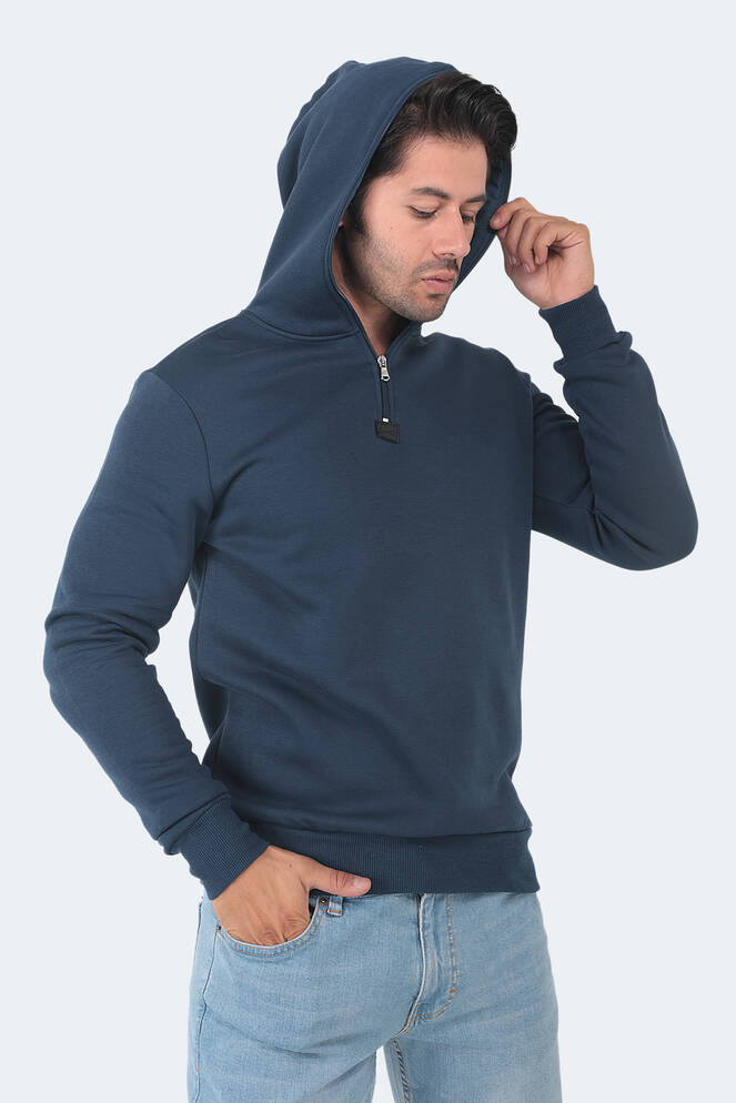 Slazenger BAHA IN Erkek Kapüşonlu Fermuarlı Slim Fit Indigo Sweatshırt