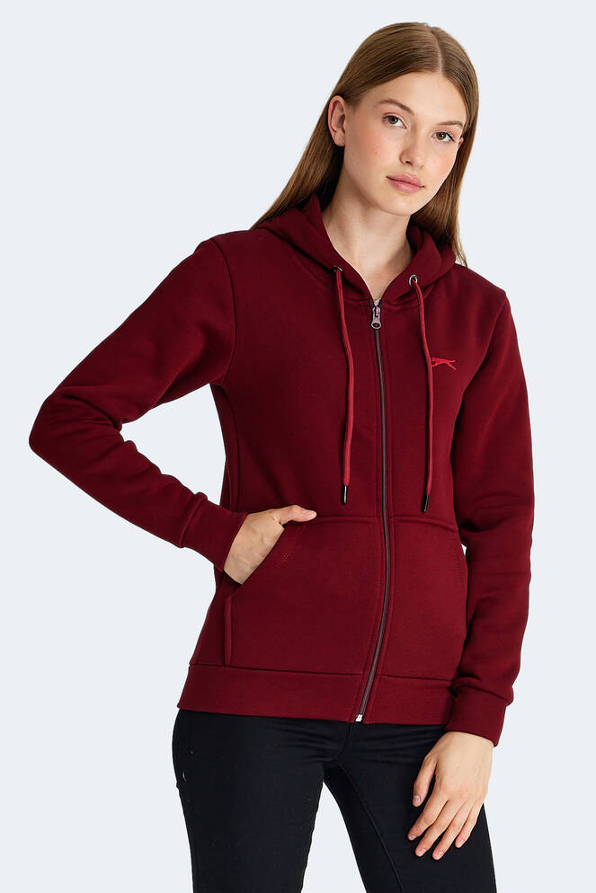 Slazenger KATYA Kadın Fermuarlı Kapüşonlu Cepli Bordo Sweatshırt