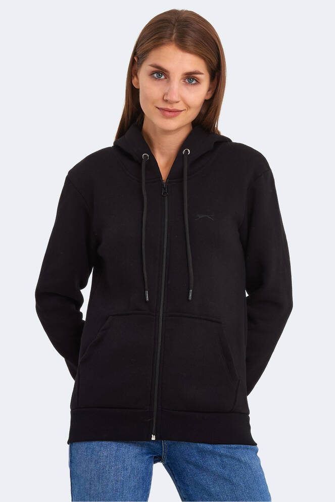 Slazenger KATYA Kadın Fermuarlı Kapüşonlu Cepli Siyah Sweatshırt